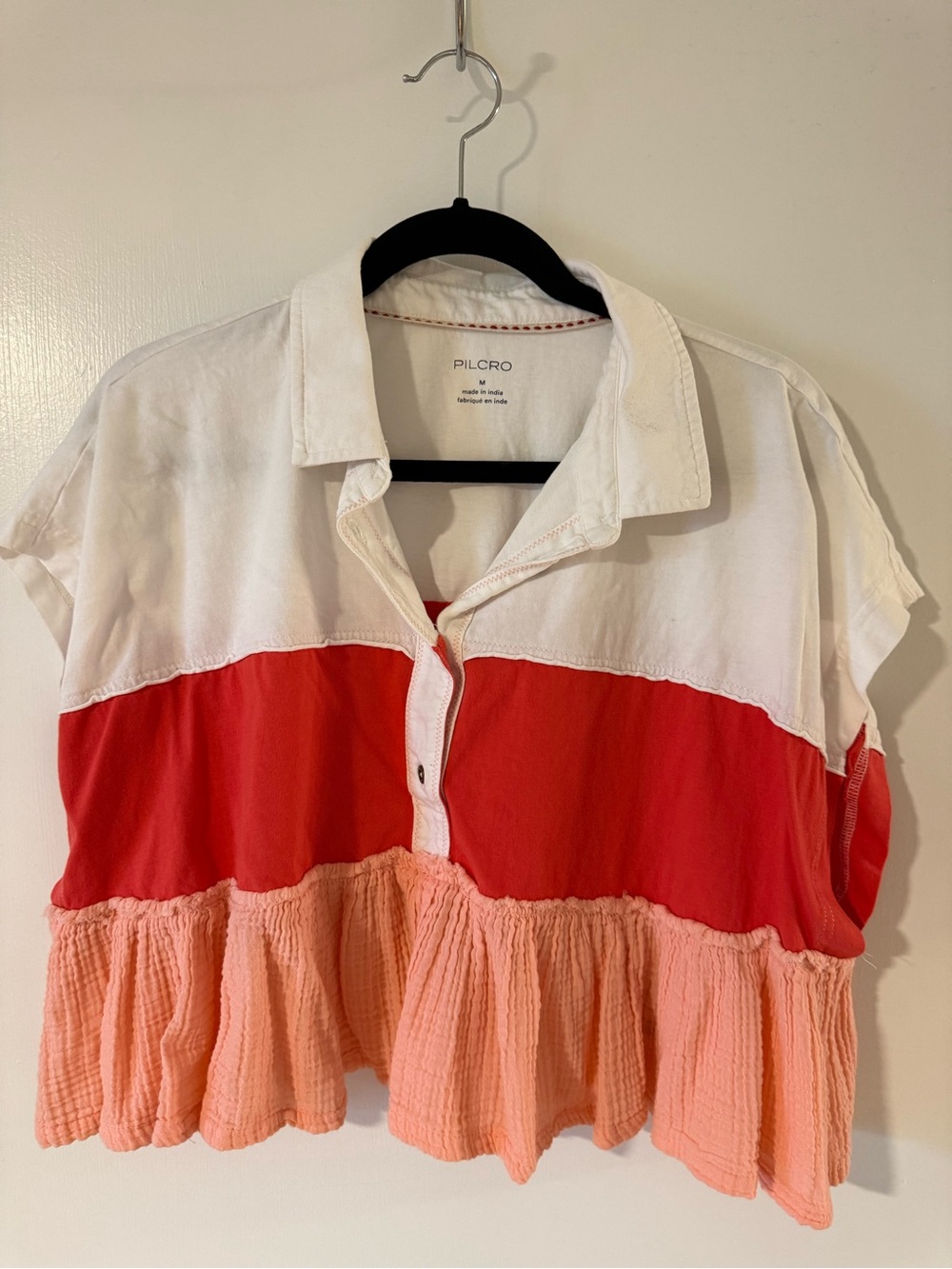 Pilcro White, Red & Peach Cropped Colorblock Button-Down Top